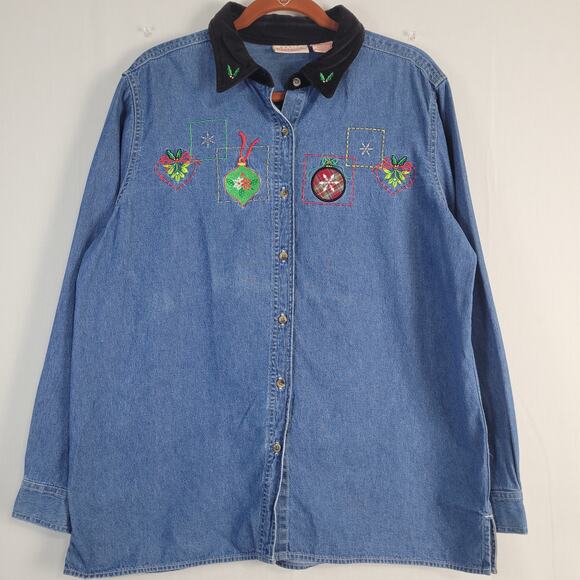 Vintage Denim Christmas Embroidered Button-down Shirt sz XL contrast collar 90s - Picture 2 of 7